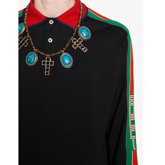 New with tags Gucci Web-stripe Detail Long Sleeve Polo in Black - Picture 4 of 9